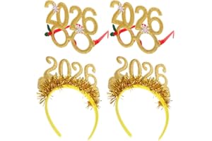 Amosfun 4pcs 2026 New Year Party Supplies - Glitter Happy New Year Headbands with Eyeglasses 2026 NYE Party Photo Props Holiday Celebration Decorations