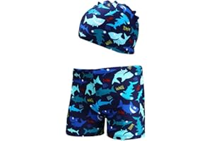 XIVISTO Garçon Short de Bain Enfant Boxer de Piscine avec Bonnet Cartoon Séchage Rapide Maillot de Bain 3-11 Ans
