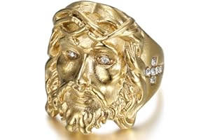 BOBIJOO JEWELRY - Anillo, Sello, Cara de Cristo, Acero Inoxidable, Diamantes Falsos Chapados en Oro