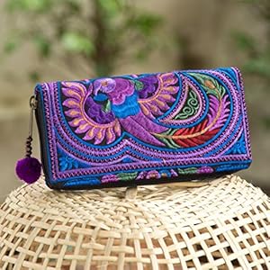 Changnoi One of a Kind Hmong Hill Tribe Embroidered Women Wallet/Purse Fair Trade Purse with Pom Pom Zip Pull