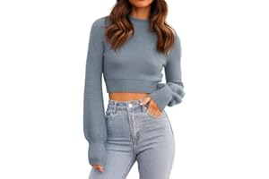 GeGekoko Damen Strickpullover Kurz Sexy Cropped Pullover mit Rundhalsausschnitt Herbst Winter Warmer Langarm Sweatshirt Elegant Kurzer Strickpulli für Frauen