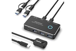 RSHTECH USB 3.0 Switch, 2 In 4 Output USB-C Switcher for 2 Computer Share 4 USB 3.0 Ports (1C+3A) for Keyboard/Mouse/Printer, USB3 Splitter with 2x 4ft Data Cable &1x 4ft Wired Controller (RSH-A201R)