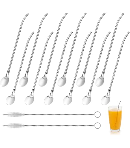 Set di 8 cannucce in acciaio inox, riutilizzabili in metallo, lavabili in lavastoviglie, cannuccia e cucchiaio 2 in 1, ideali come latte macchiato e cucchiaio da cocktail, colore: argento