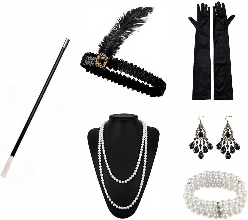 Accesorios años 20 para mujer – Conjunto de 6 piezas estilo Gatsby & Charleston – Diadema con plumas, guantes de satén, collar de perlas – para noche grande de Gatsby, Halloween y fiesta de disfraces