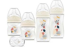 DODIE Lot de 4 Biberons Naissance, anti-colique, Tetine Multi-Perforée (2x150mL et 2x270mL), une sucette naissance, Terracotta