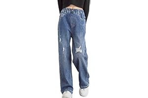 Oyolan Pantalones Vaquero para Niña Pantalones Largo Mezclilla Rotos Pantalones Cintura Elástica con Bolsillo Pantalón Casual Jeans