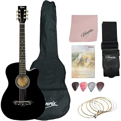 Henrix 38C PRO 38 Inch Bass Wood Cutaway Acoustic Guitar With Die-Cast Tuners, Dual-Action Truss Rod, Gig-Bag, Picks, String Set, String Winder, Strap & Polishing Cloth - Black