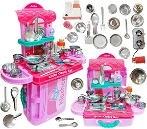 Techhark Kitchen Set - Playing Toy for Kids & Baby Girls with Realistic Steel Parts, Utensils Play Accessories (Pink Kitchen Set) (008-971 Steel)