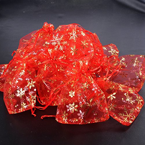 HooAMI 50Stk Rot Organza säckchen mit schneeflock Organzabeutel Hochzeit beutel Geschenk 12cm x16cm - 5