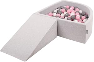 KiddyMoon Spielplatz Aus Schaumstoff Mit Viertel Eckig Bällebad (200 Bälle) Hindernisläufe, Hellgrau:Weiß/Grau/Puderrosa