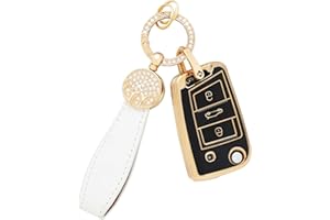 BLINGOOSE Schlüsselhülle für VW Volkswagen 3 Tasten Auto Schlüsselgehäuse Schutz Bling Keychain für VW Polo Tiguan Golf 7 MK7 T ROC Cross Touran Taigo Girly Frauen Schwarz Gold TPU