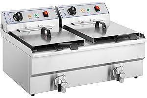 Royal Catering Friteuse Électrique Double Professionnelle 2 x 6 000 W, Volume Total 2 x 16 L, Huile 2 x 10 L, Courant Triphasé 400 V, Robinet de Vidange, 2 Branchements Électriques Commerciale