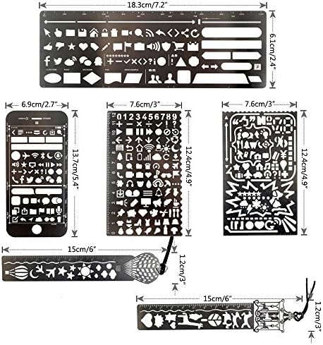 JUSLIN 6 Pcs Stainless Steel Bullet Journal Stencil Set Drawing Templates Ruler for Journaling, Scrapbooking, Craft Projects