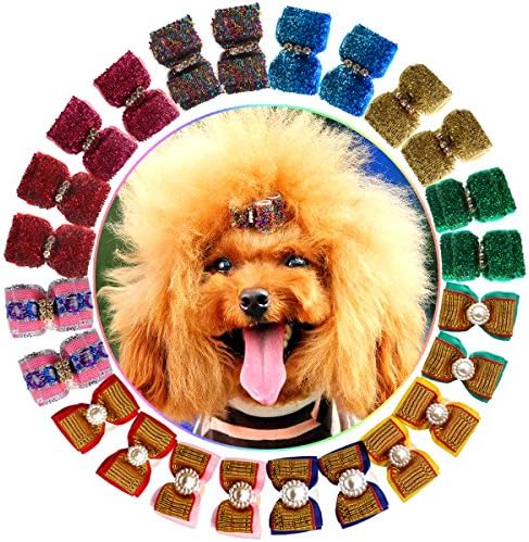 HOLLIHI 24 pcs/12 Pairs Adorable Grosgrain Ribbon Pet Dog Hair Bows with Elastic Rubber Bands - Doggy Kitty Bowknots Topknot Grooming Accessories Set for Long Hair Puppy Cat