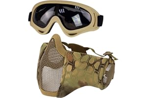 YZPACC Maschera Airsoft con occhiali, pieghevole mezza faccia Airsoft Mesh Mask con protezione per le orecchie per Paintball Shooting Cosplay CS Game