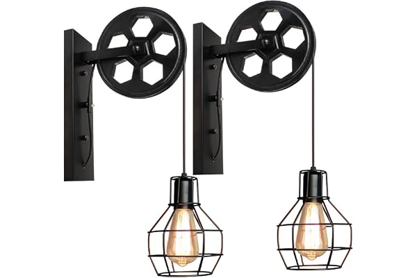 iDEGU Lot de 2 Appliques Murales Industrielle, Éclairage Mural Vintage Poulie Lampe de Mur Luminaire Intérieur pour Bar, Chambre à Coucher, Salon, Restaurant, Café, Couloir - Noir