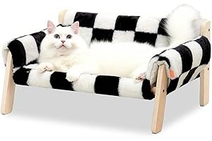 Caossuixin Cat Beds - 12cm Leg Wooden Raised Kitten Sofa Beds for Indoor, Radiator Bed Holds 20kg with Removable Washable Cover Bed for Puppy and Cat Couch, 22"x18"x11",Checkerboard
