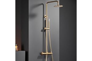 NOLUXA IMEX - Columna Ducha Oro Cepillado con Grifo | Kit de Ducha con Alcachofa Dorada | Griferia Monomando y Rociador Antical | Griferia en Latón y Acero Inox S.304 con Barra Extensible | Serie Monza