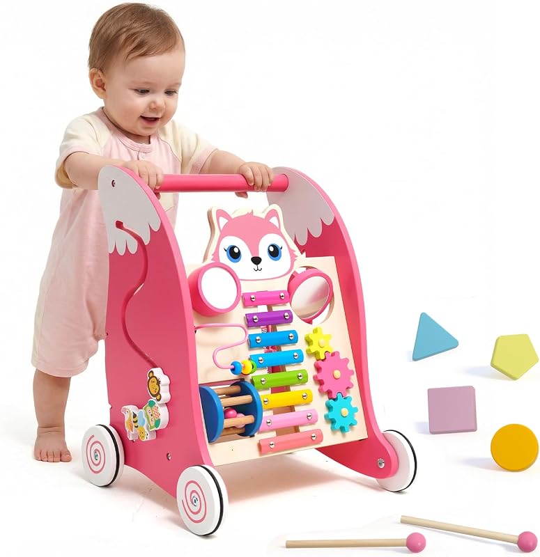 Lauflernwagen für Kleinkinder, Multifunktionale Lauflernhilfe mit Spielbrett und Musik, Baby Lauflernhilfe mit Activity Board (Eichhörnchen)