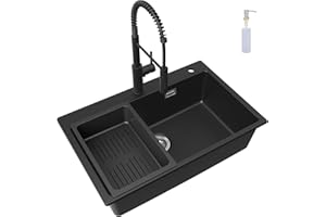 CECIPA Évier de cuisine noir avec robinet douchette abaissable, 70 x 45 cm, en granit avec bonde et trop-plein, évier encastrable à partir de 80 cm d'armoire