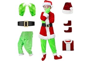 GIVENME Grinch Costume, Costume di Natale Grinch, Costume da Green Monster per Christmas, Costume da Mostro Verde, 6 pezzi Grinch Cosplay Santa Suit, Cosplay, Carnevale