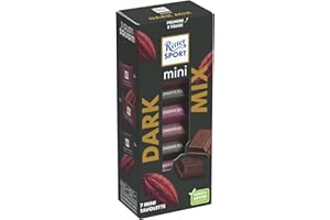 RITTER SPORT Mini Tower Dark Mix, 7 Mini Tavolette Cioccolato Fondente 3 Gusti - Fondente 50%, Fondente Extra 61%, Fondente Extra 70%, Astuccio 116g