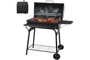 KENDANE BBQ Grill Smoker With Side Shelves, Barbecue Garden Grill with Temperature Gauge, Outdoor Oil Drum Camping Barbeque Charcoal BBQ Barrel