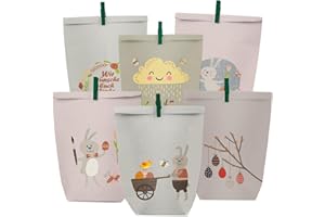 PANSIBY Torebki wielkanocne do napełniania, 12 torebek na prezenty wielkanocne, z motywem zajączka wielkanocnego, motywy wielkanocne, zadrukowane torebki z zielonymi klamrami, zestaw do majsterkowania ze złotymi naklejkami błogosławieństwa dla dzieci