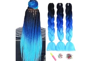SHOWJARLLY Kanekalon Meches Tresse Cheveux, Meches Pour Tresses Africaine, 24"Jumbo Braids Meches 3Paquets Extension de Cheveux Tresse Ombre Jumbo Extension de Fibre Synthétique(Noir/Bleu Royal/Bleu Ciel)