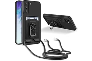 JMstore Handykette Schutzhülle Kompatibel mit Samsung Galaxy S21 FE,360° Ring Ständer magnetisches Eisenblech+Kartenfach Kameraschutz Stoßfester Silikon hülle-Schwarz