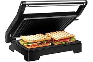 Gotoll Parrilla Eléctrica 1000W,Sandwichera,Máquina de Panini,Tostadora con Revestimiento Antiadherente,Placas de Grill,Asa de Toque Frío,Apertura 180º