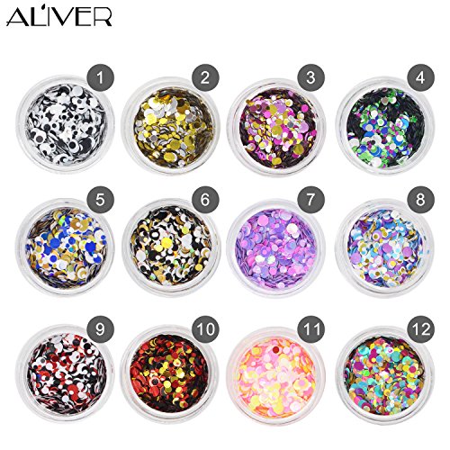 Aliver Paillettes diamantées pour ongles en relief, 12 couleurs dans un mélange de tailles, décorations à paillettes pour ongles