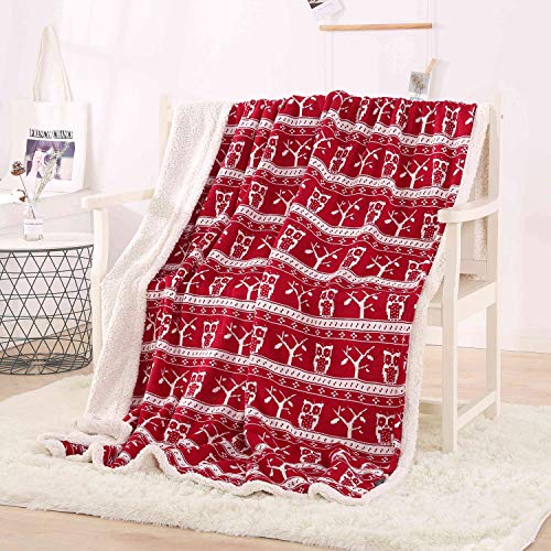 Unimall Reversible Christmas Knitted Fleece Blanket Throws 60 x 78 inch Soft Cozy Large Red Owl Tree