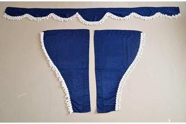 Lot de 3 rideaux bleus en velours avec pompons blancs pour pare-soleil avant + fenêtres latérales pour camions TGS, TGA, TGX