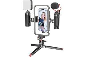 SMALLRIG Universal Phone Video Rig Kit für iPhone, Smartphone und Kameras, Telefonstabilisator-Rig mit Stativmikrofon, LED-Licht, seitlichem Griff, Powerbank-Halterung, für Vlogging – 3384C