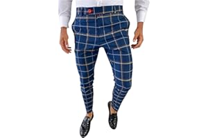 IQYU Pantalon en tissu pour homme - Coupe ajustée - Bleu et blanc - À carreaux - Stretch - Décontracté - Rayures fines - Tissu moulant - Pantalon d'extérieur confortable