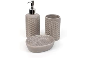 THE SECRET HOME - Set de Baño de 3 Piezas - Conjunto de Acessorios para Aseo de Diseño Moderno - Juego de Baño con Dispensador de Jabón, Vaso y Jabonera (Modelo 3 - Beige)
