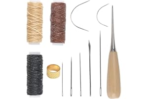 MSKS Leather Sewing Needle 12PCS 12m Waxed Thread Kit Cord Drilling Awl Thimble Curved Needle for Upholstery Carpet Furs Canvas Repair DIY Leather Hand Stitching Embroidery Bookbinding