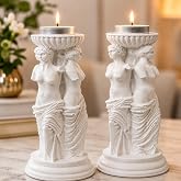 Mireva Yunan &Uuml;&ccedil; G&uuml;zeller Tealight Mumluk Seti 2&rsquo;li, 16 cm Taş Tozu Beyaz Heykel Mumluk, antik Mitoloji Ev Dekoru