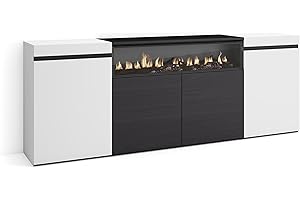 Skraut Home | Credenza, Mobile, Cucina | Madia, mobile ingresso | 200x75x35cm | 4 Porte | Camino elettrico | Stile moderno | Bianco e nero