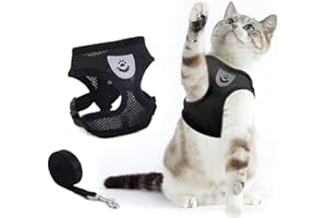 AIMAKE Arnes Gatos y Correa Set, Correa 150 cm Ajustable Transpirable Arnés para Gatos, Reflectante Arnes Gato Pequeño, Antiescape Chaleco de Gato, con Collar Gato, para Caminar Entrenar (M Negro)