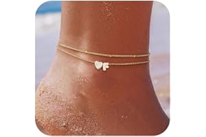 ZHESHY Cavigliera Donna Con Iniziale In Oro 14k Lettere A-Z E Perline Cuore Cavigliere Braccialetti Impermeabile Regolabile A Strati Artigianali Con Zirconi Per Spiaggia Gioielli Alla Caviglia Estivi