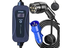 DELLIOP Cable Carga Coches Electrico Tipo 2 Coche Electrico PHEV CEE IEC 62196 - Potencia conmutable con Pantalla Digital 16A 20A 24A 32A - 7.68 kW- Enchufe de Pared CE 220-250V y Bolsa - 5M