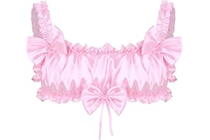 Agoky Men's Satin Sissy Lingerie Ruffles Frilly Bralette Smooth Wire Free Gay Bra Crop Top Camisole Pajamas