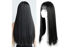 FENYW Pelucas Negras Largas para Mujeres 72cm Pelucas Largas de Pelo Liso Sintético con Flequillo, Peluca Larga Negra Recta Resistente Fibra Sintética Resistente al Calor para cosplay fiesta