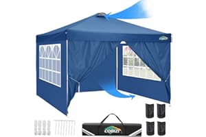 COBIZI Tonnelle Pliante 3x3 Imperméable, Anti-UV Barnum Pliant 3x3 Professionnel, Robuste Tonnelle de Jardin Exterieur avec 4 Côtés et 4 Sacs, pour Camping, Plage, Mariage, Fête, Festival(Bleu)