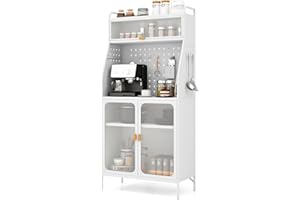 COSTWAY Kitchen Pantry Cupboard, Storage Cabinet Sideboard with Flip Door, Pegboard, Adjustable Shelf, 8 Hooks, 1 Hanging Basket & Cable Holes, Easy Assembly Baker's Rack for Living Dining Room
