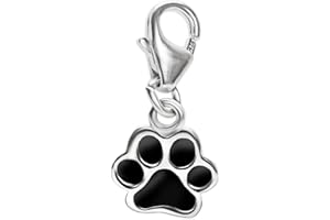CLEVER SCHMUCK Silberner Damen Kinder Charm Anhänger 20 mm mit kleiner Hundepfote 8 mm schwarz lackiert glänzend Sterling Silber 925 für Charmarmband im Schmucketui creme