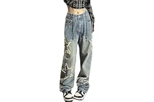 DINGJIUYAN Vintage Star Jeans Women Pocket Wide Leg Straight Denim Pants Women Y2k Streetwear Casual Trousers Jeans