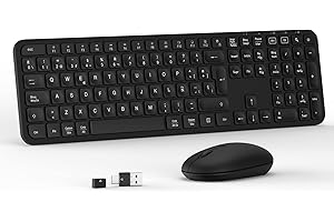 ASHU Teclado y Raton Inalámbricoo, Receptor 2 en 1 USB y Tipo C, ratón silencioso, Teclado QWERTY Español Tamaño Completo, Packs para PC/Macbook/portátil, Compatible con Windows y Mac OS, Negro